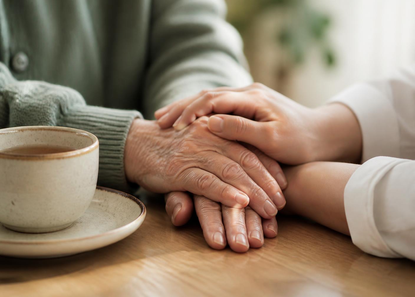 Mãos de uma pessoa idosa e de uma profissional de saúde apoiadas sobre uma mesa