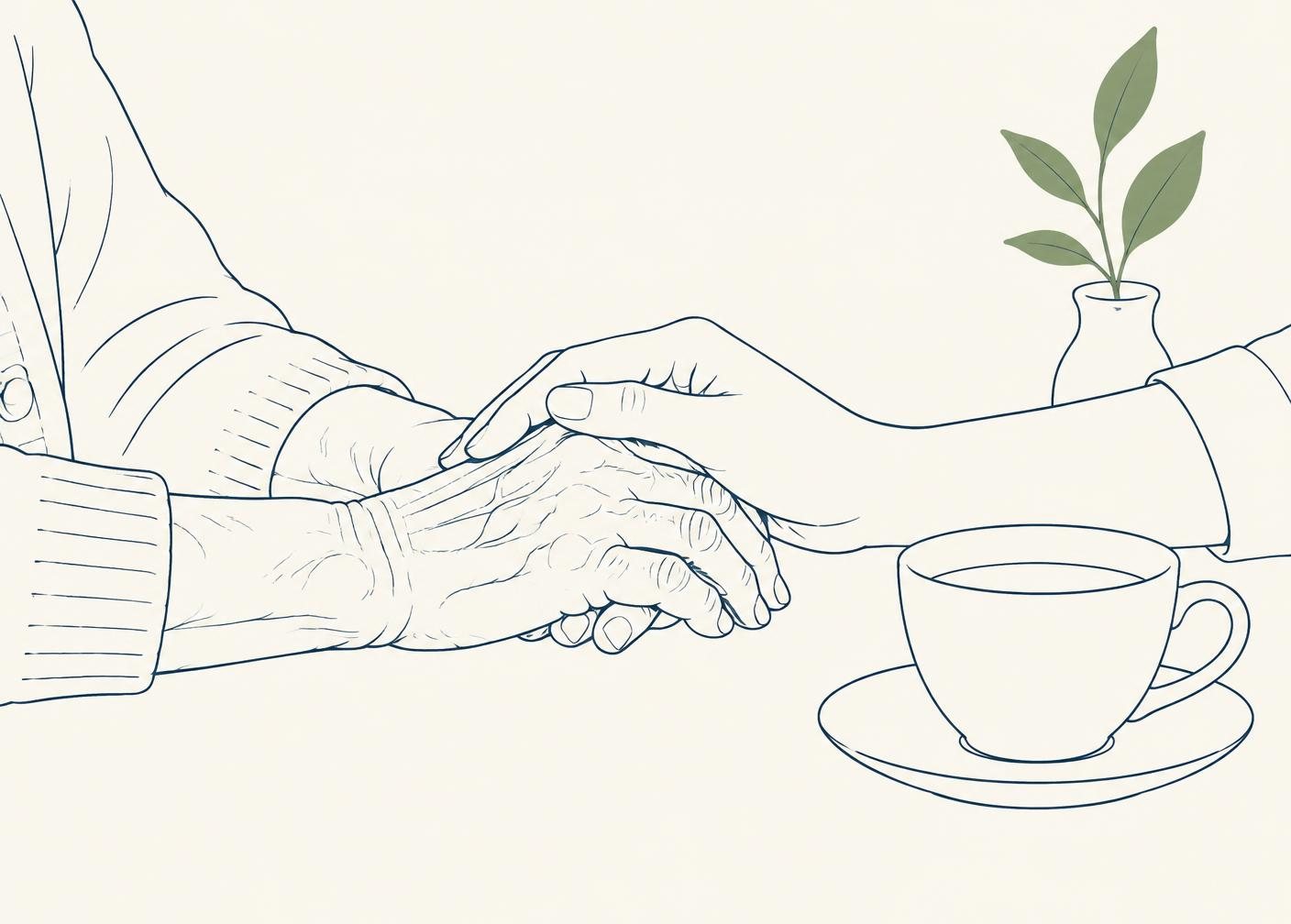 Ilustração em traço fino das mãos de uma pessoa idosa e de uma profissional de saúde sobre a mesa, ao lado de uma xícara de chá