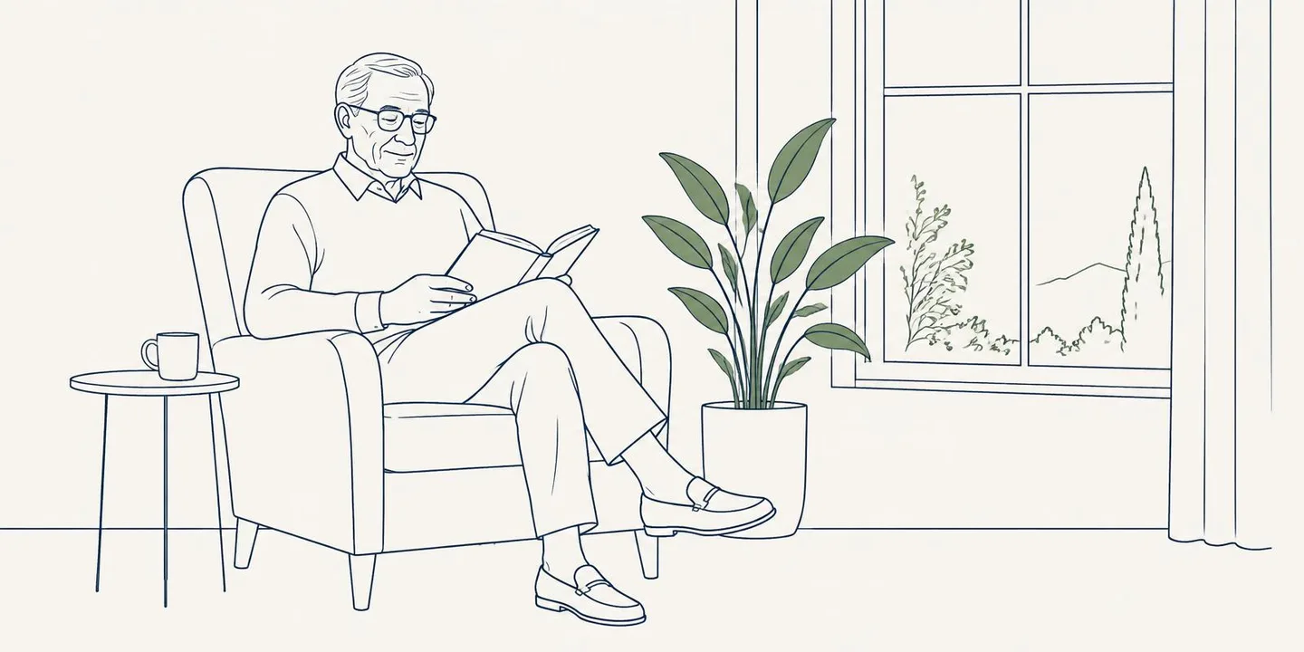 Ilustração em traço fino de um senhor lendo um livro na poltrona, ao lado da janela