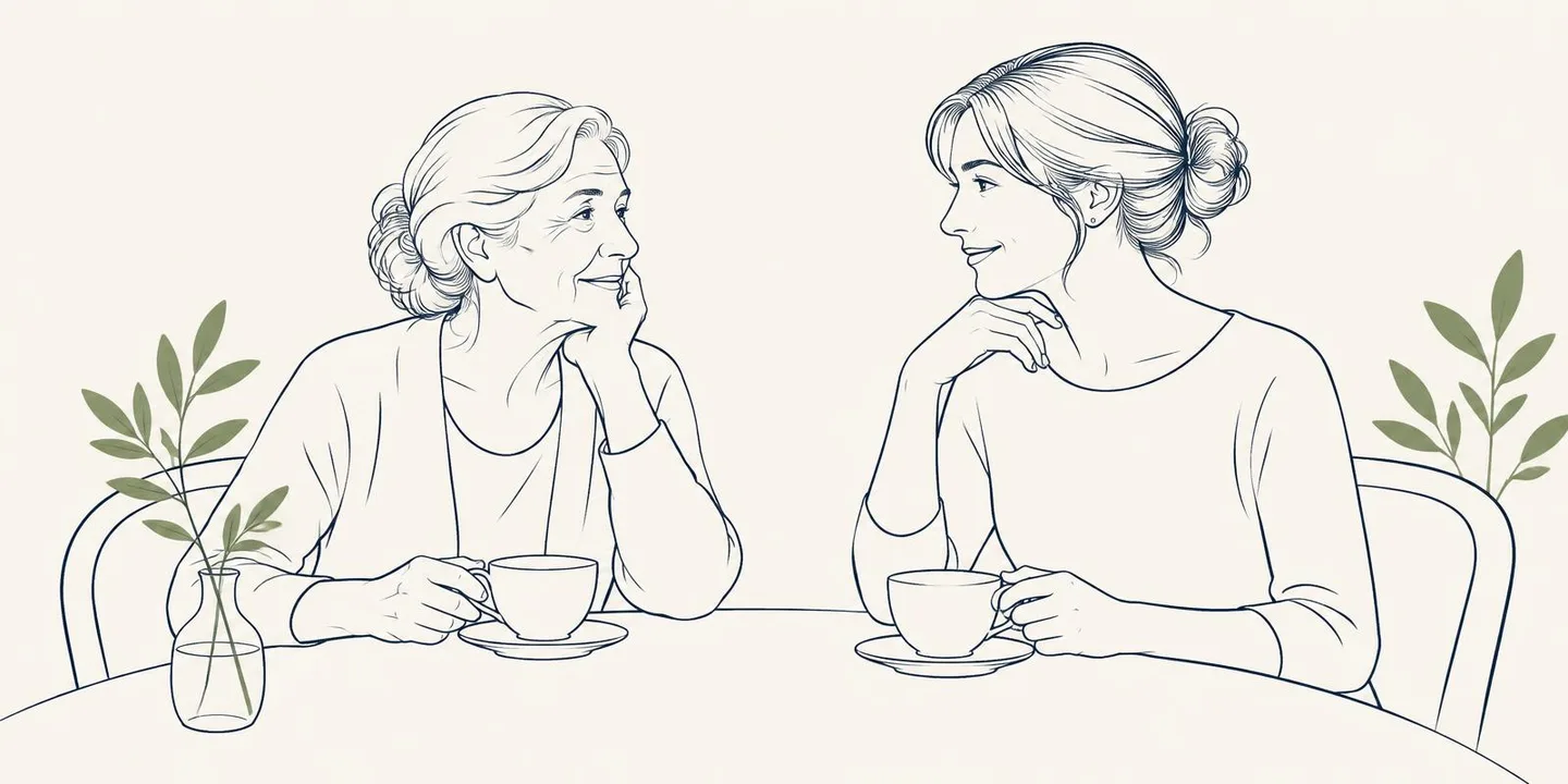 Ilustração em traço fino de uma senhora e a filha conversando à mesa, tomando chá