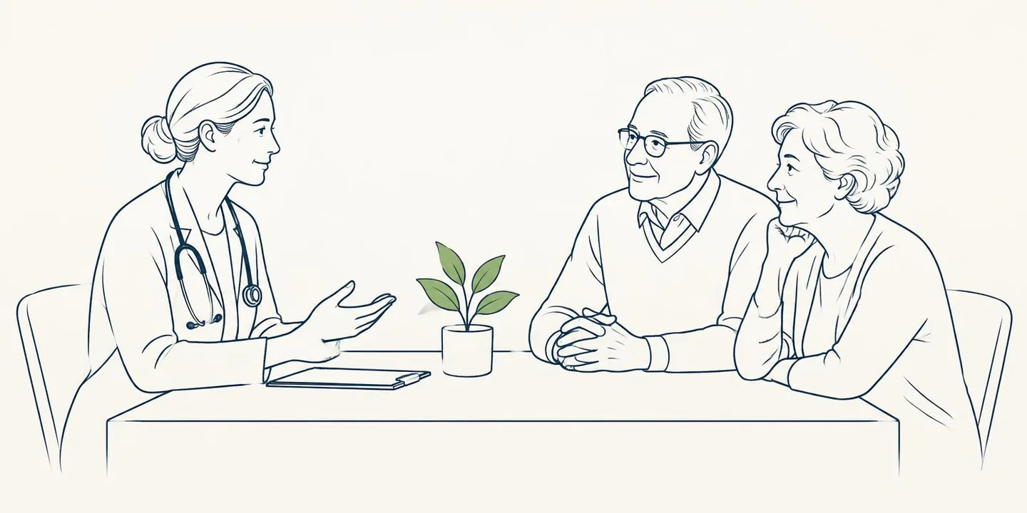 Ilustração em traço fino de uma médica conversando com um casal de idosos à mesa, com uma planta entre eles