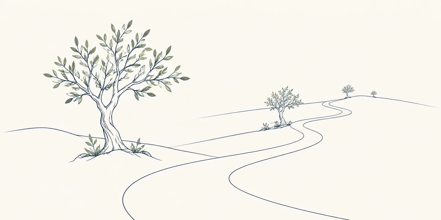 Ilustração em traço fino de um caminho sinuoso com árvores ao longo do percurso, símbolo de continuidade