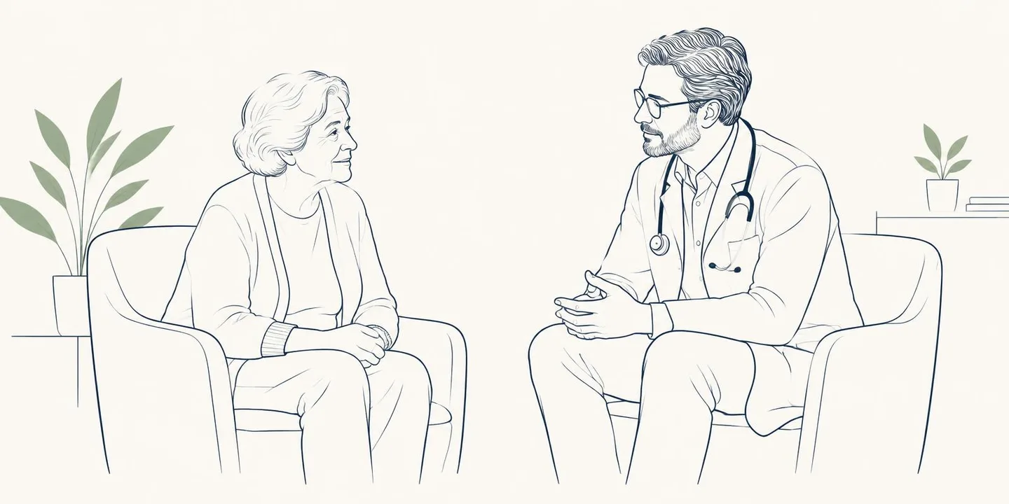 Ilustração em traço fino de uma senhora conversando com um médico, sentados frente a frente