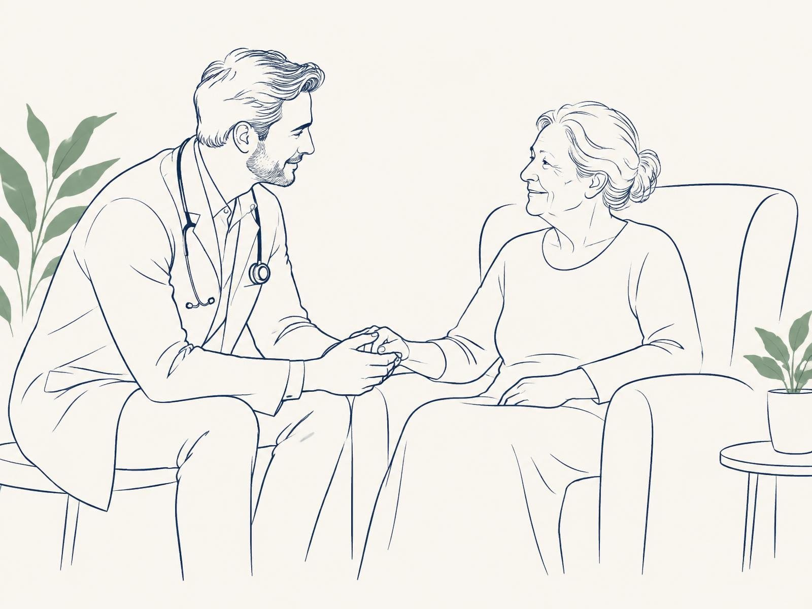 Ilustração em traço fino de um médico segurando a mão de uma senhora durante uma conversa