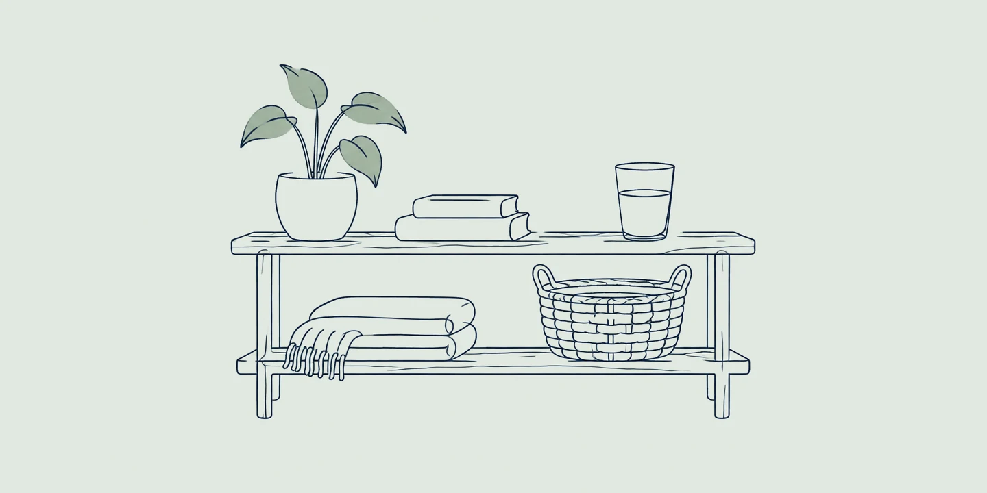 Ilustração em traço fino de uma prateleira baixa com uma planta, dois livros, um copo de água, uma manta dobrada e um cesto