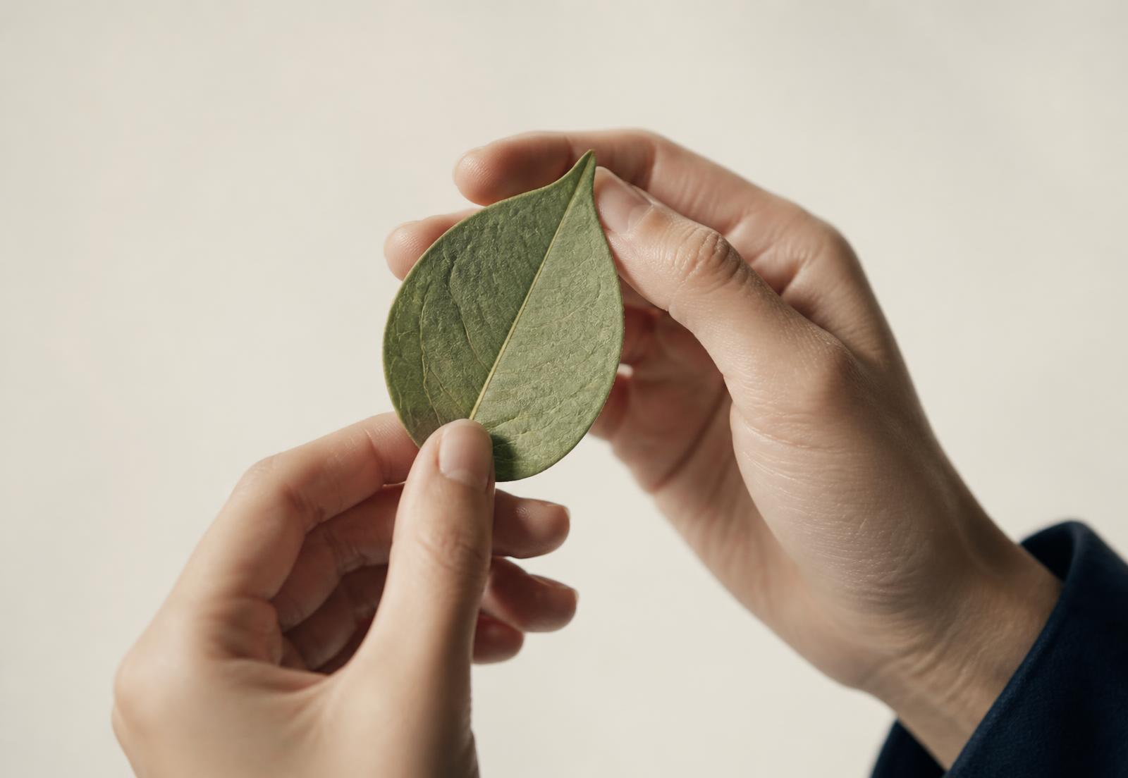 Mãos segurando delicadamente uma única folha verde