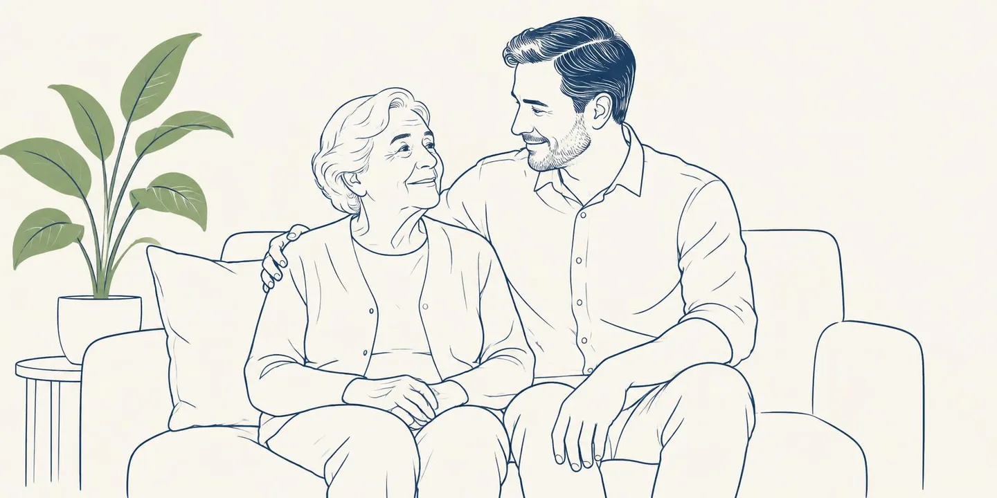 Ilustração em traço fino de uma senhora sentada no sofá de casa ao lado do filho