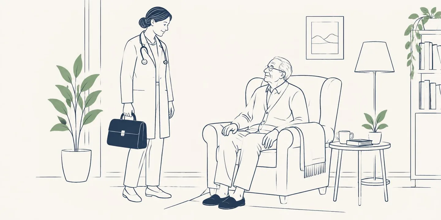Ilustração em traço fino de uma médica em visita domiciliar, conversando com um senhor sentado na poltrona da sala