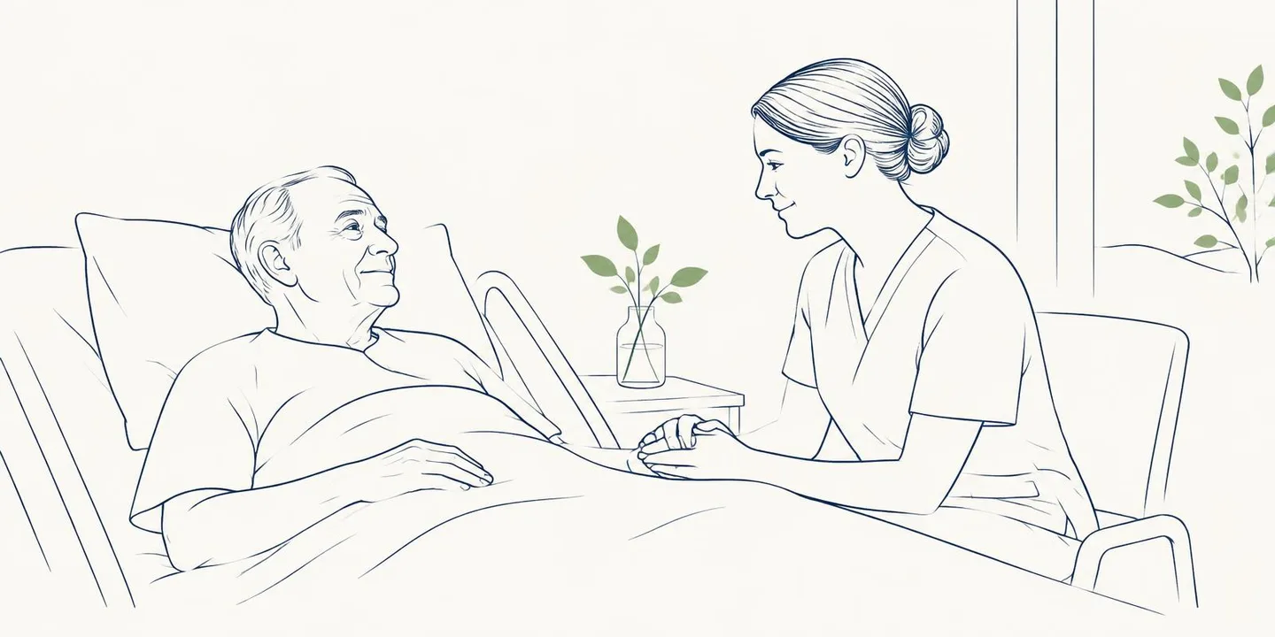 Ilustração em traço fino de uma profissional segurando a mão de um senhor deitado no leito hospitalar