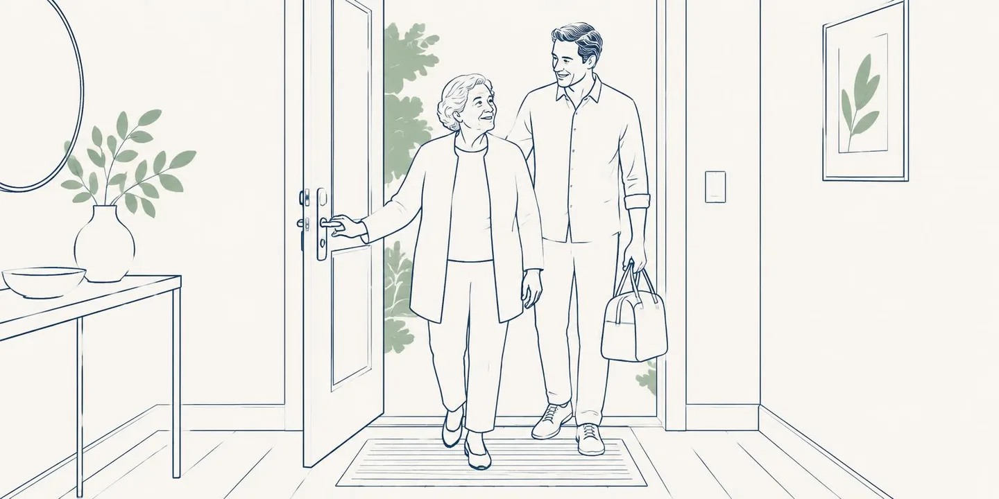 Ilustração em traço fino de uma senhora chegando em casa ao lado do filho, que carrega a bolsa