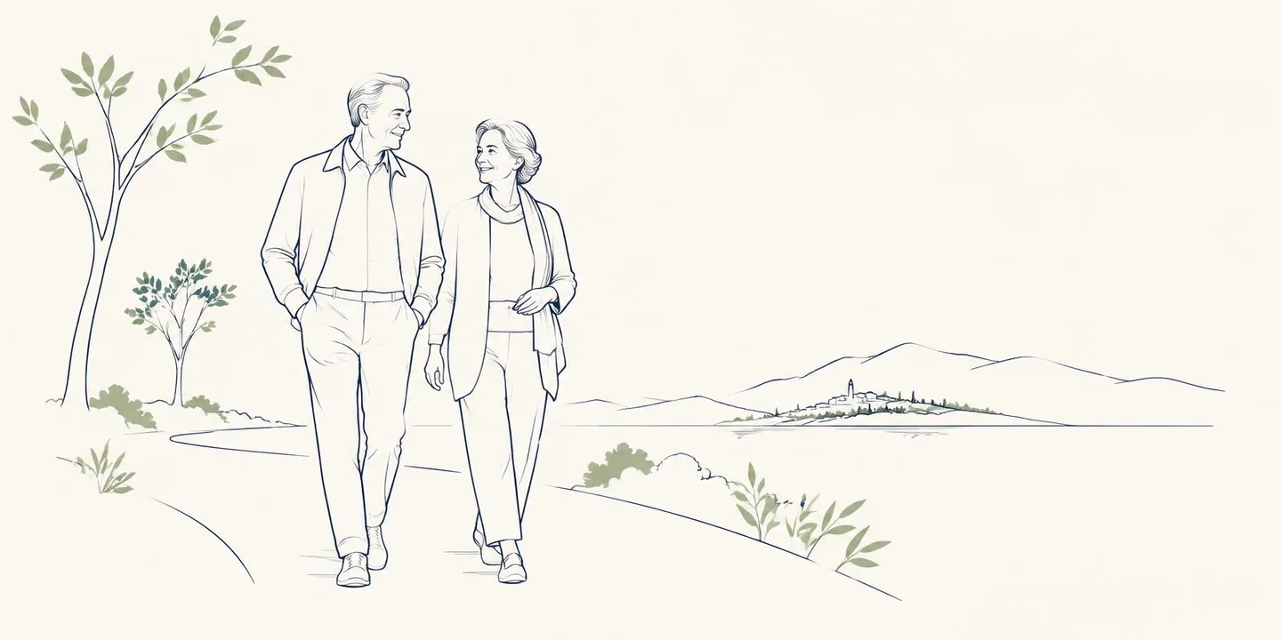 Ilustração em traço fino de um casal de idosos caminhando lado a lado por um caminho com árvores