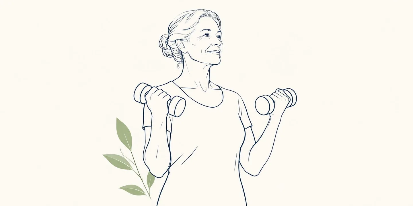 Ilustração em traço fino de uma mulher idosa fazendo exercício de força com halteres leves